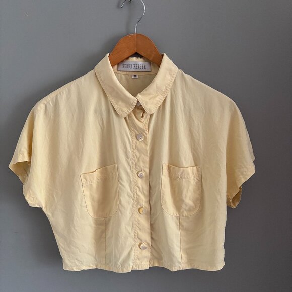 Buttercream Silk Cropped Button Down Shirt - Picture 1 of 8